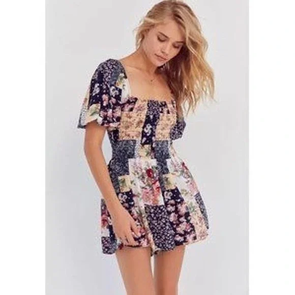 Kimchi Blue Patsy Patchwork Smocked Romper Playsuit w/Square Neckline - Picture 9 of 12